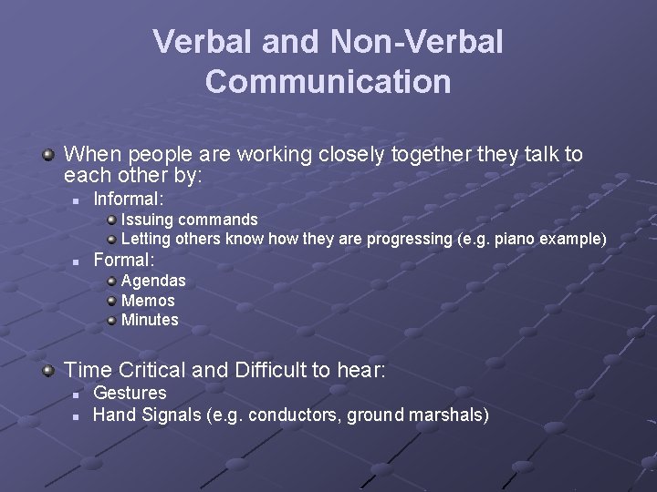 Verbal and Non-Verbal Communication When people are working closely together they talk to each