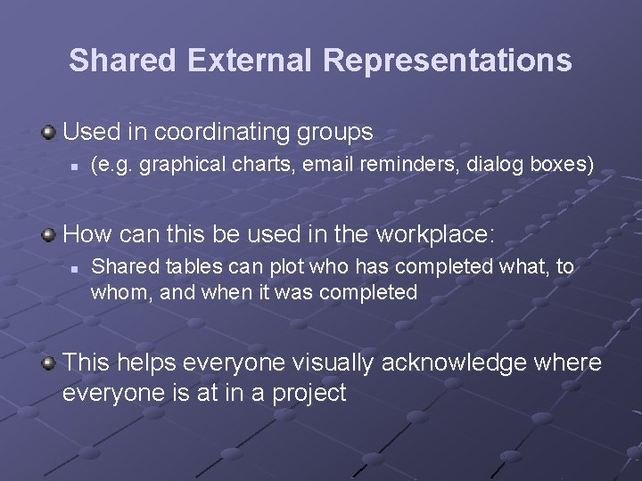 Shared External Representations Used in coordinating groups n (e. g. graphical charts, email reminders,