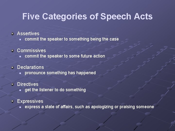 Five Categories of Speech Acts Assertives n commit the speaker to something being the
