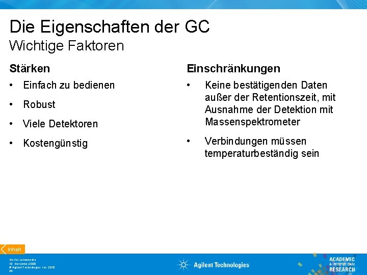 Die Eigenschaften der GC Wichtige Faktoren Stärken Einschränkungen • Einfach zu bedienen • Keine