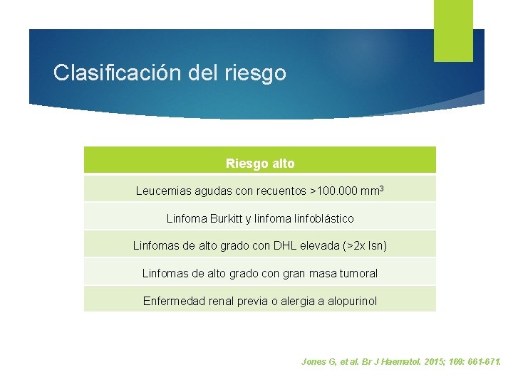 Clasificación del riesgo Riesgo alto Leucemias agudas con recuentos >100. 000 mm 3 Linfoma