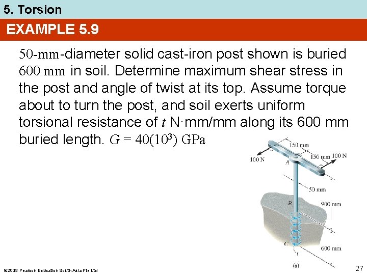 5. Torsion EXAMPLE 5. 9 50 -mm-diameter solid cast-iron post shown is buried 600