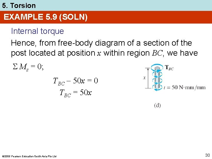 5. Torsion EXAMPLE 5. 9 (SOLN) Internal torque Hence, from free-body diagram of a