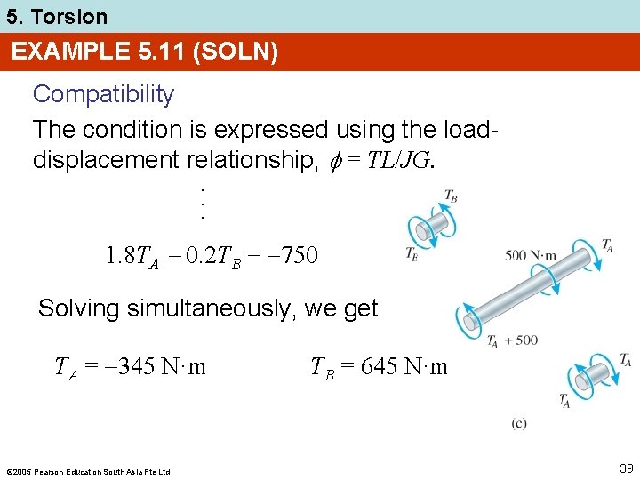 5. Torsion EXAMPLE 5. 11 (SOLN) Compatibility The condition is expressed using the loaddisplacement