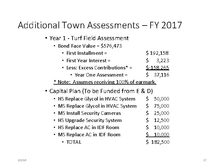 Additional Town Assessments – FY 2017 • Year 1 - Turf Field Assessment •