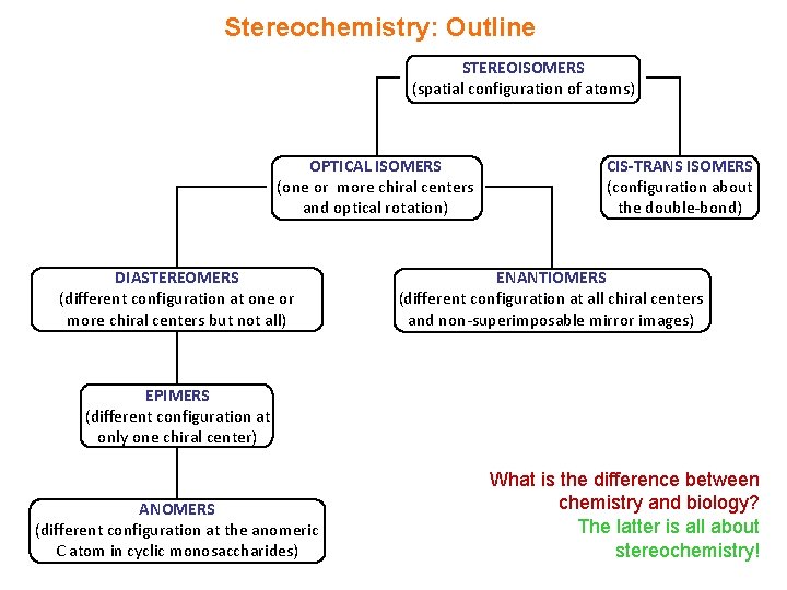 Stereochemistry: Outline STEREOISOMERS (spatial configuration of atoms) OPTICAL ISOMERS (one or more chiral centers