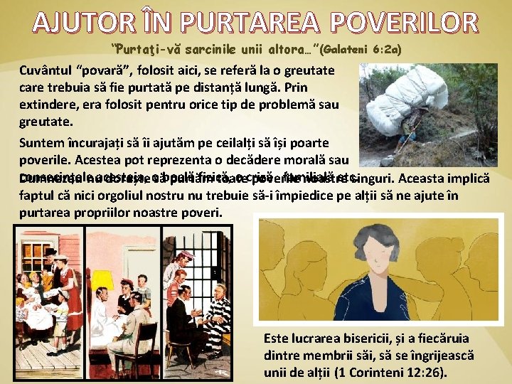 AJUTOR ÎN PURTAREA POVERILOR “Purtaţi-vă sarcinile unii altora…” (Galateni 6: 2 a) Cuvântul “povară”,