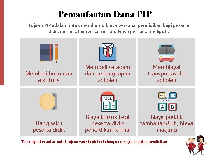 Pemanfaatan Dana PIP Tujuan PIP adalah untuk membantu biaya personal pendidikan bagi peserta didik