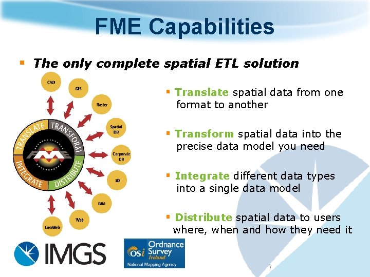 FME Capabilities § The only complete spatial ETL solution § Translate spatial data from