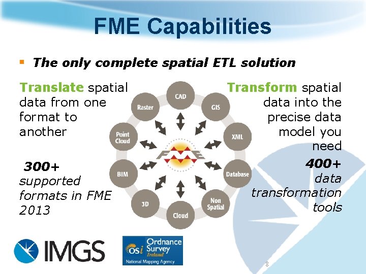 FME Capabilities § The only complete spatial ETL solution Translate spatial data from one