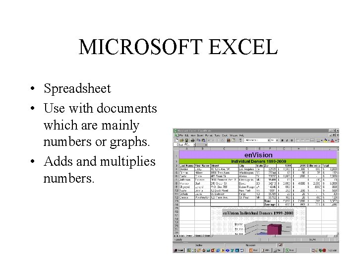 MICROSOFT EXCEL • Spreadsheet • Use with documents which are mainly numbers or graphs.