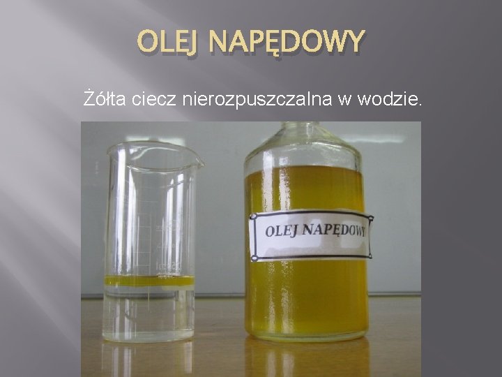 OLEJ NAPĘDOWY Żółta ciecz nierozpuszczalna w wodzie. 