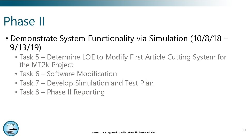 Phase II • Demonstrate System Functionality via Simulation (10/8/18 – 9/13/19) • Task 5