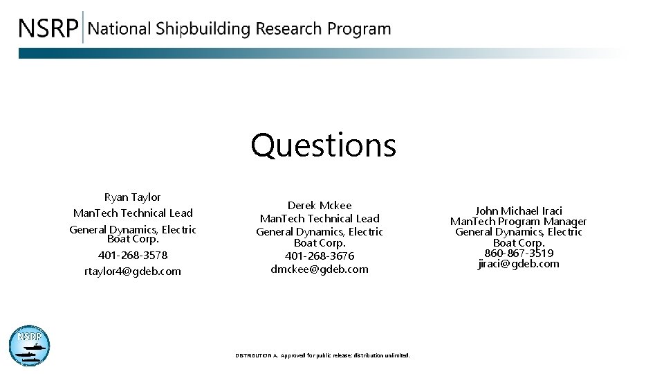 Questions Ryan Taylor Man. Technical Lead General Dynamics, Electric Boat Corp. 401 -268 -3578