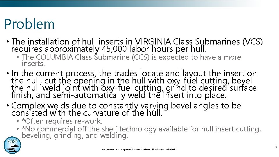 Problem • The installation of hull inserts in VIRGINIA Class Submarines (VCS) requires approximately