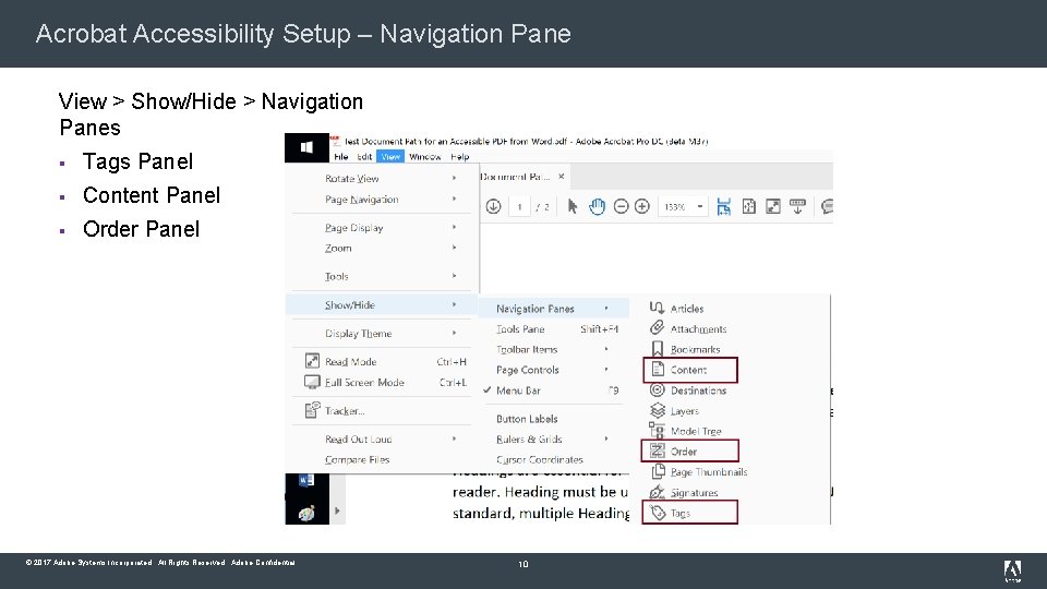 Acrobat Accessibility Setup – Navigation Pane View > Show/Hide > Navigation Panes § Tags