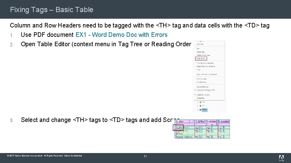 Fixing Tags – Basic Table Column and Row Headers need to be tagged with