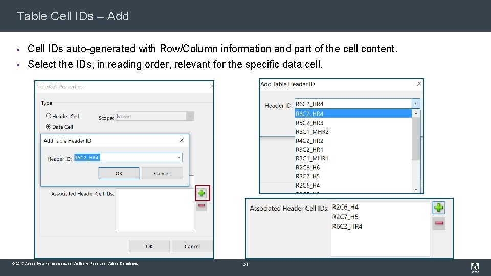 Table Cell IDs – Add § Cell IDs auto-generated with Row/Column information and part