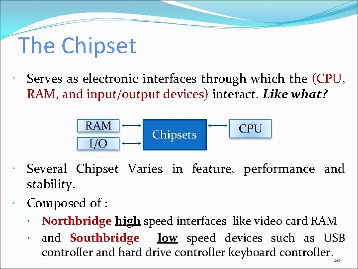 The Chipset Serves as electronic interfaces through which the (CPU, RAM, and input/output devices)