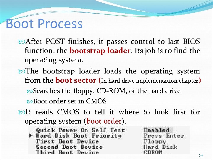 Boot Process After POST finishes, it passes control to last BIOS function: the bootstrap