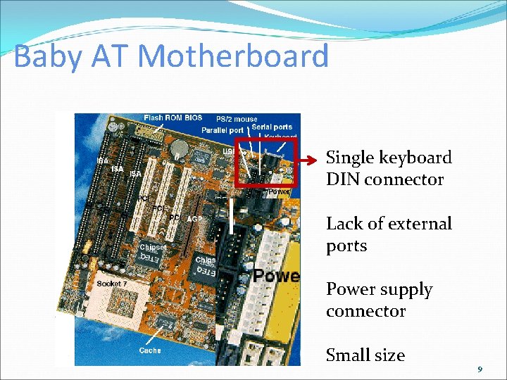 Baby AT Motherboard Single keyboard DIN connector Lack of external ports Power supply connector