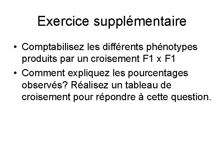 Exercice supplémentaire • Comptabilisez les différents phénotypes produits par un croisement F 1 x