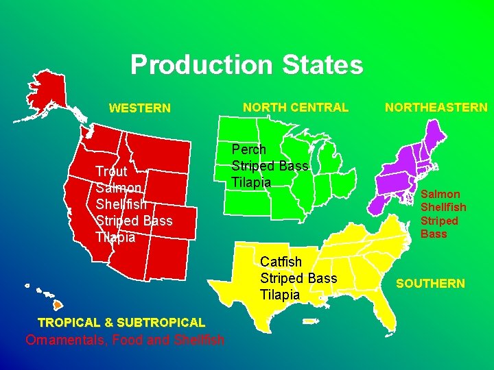 Production States WESTERN Trout Salmon Shellfish Striped Bass Tilapia NORTH CENTRAL Perch Striped Bass