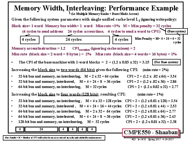 Memory Width, Interleaving: Performance Example (i. e Multiple Memory banks + Burst Mode Access)