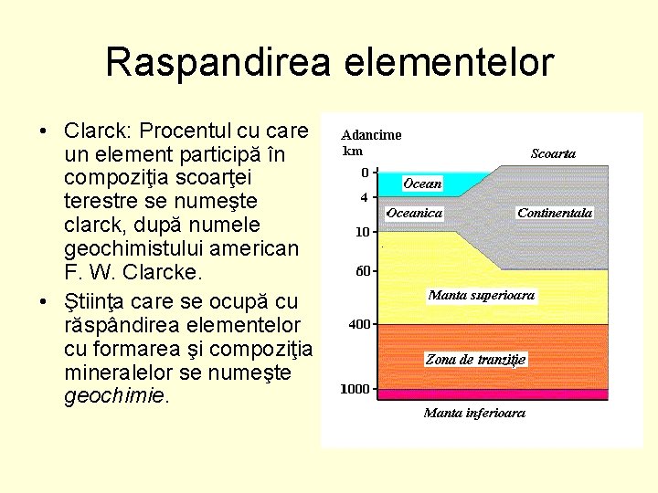 Raspandirea elementelor • Clarck: Procentul cu care un element participă în compoziţia scoarţei terestre