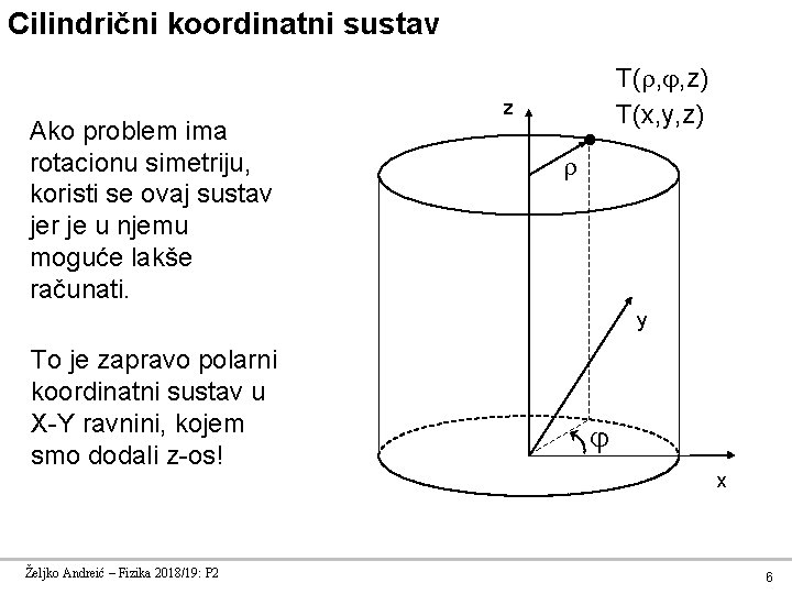 Cilindrični koordinatni sustav Ako problem ima rotacionu simetriju, koristi se ovaj sustav jer je