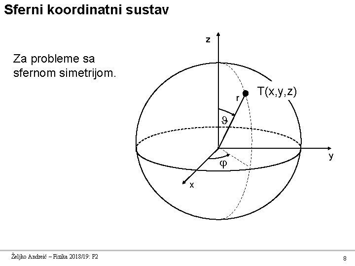 Sferni koordinatni sustav z Za probleme sa sfernom simetrijom. r T(x, y, z) y