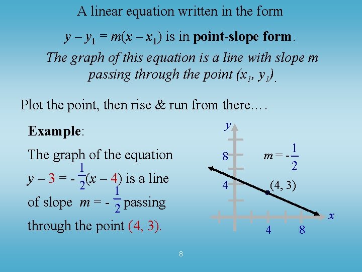 A linear equation written in the form y – y 1 = m(x – A linear equation written in the form y – y 1 = m(x –