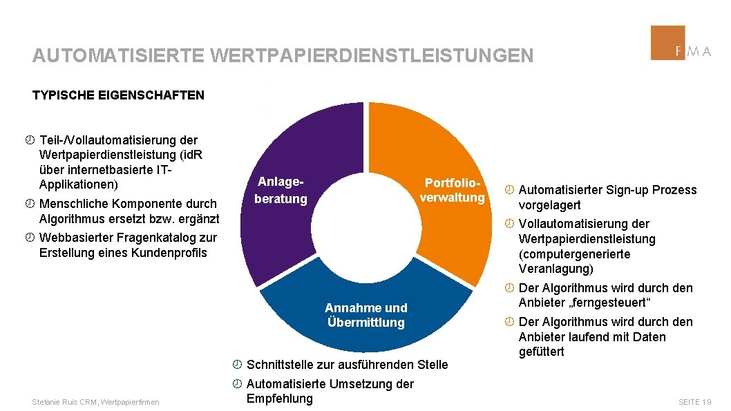 AUTOMATISIERTE WERTPAPIERDIENSTLEISTUNGEN TYPISCHE EIGENSCHAFTEN ¾ Teil-/Vollautomatisierung der Wertpapierdienstleistung (id. R über internetbasierte ITApplikationen) ¾