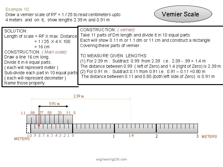 Example 10: Draw a vernier scale of RF = 1 / 25 to read Example 10: Draw a vernier scale of RF = 1 / 25 to read