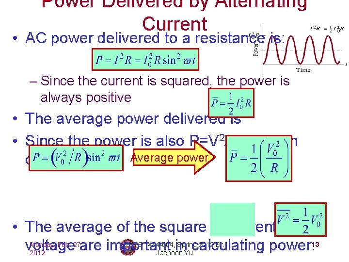 Power Delivered by Alternating Current • AC power delivered to a resistance is: –