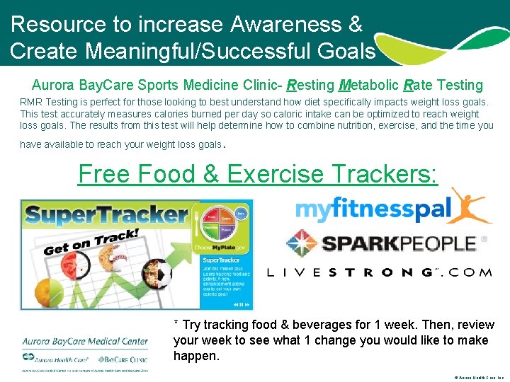 Resource to increase Awareness & Create Meaningful/Successful Goals Aurora Bay. Care Sports Medicine Clinic-