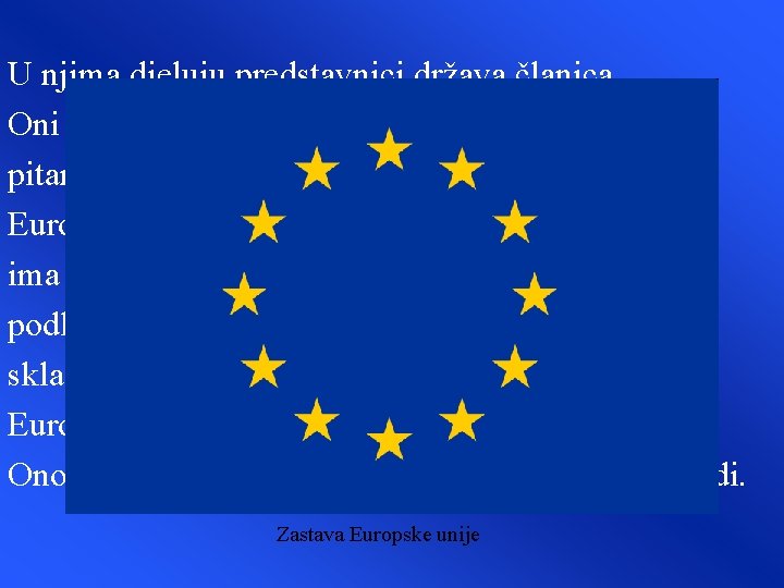 U njima djeluju predstavnici država članica. Oni odlučuju o političkim, gospodarskim i drugim pitanjima U njima djeluju predstavnici država članica. Oni odlučuju o političkim, gospodarskim i drugim pitanjima