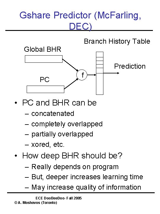 Gshare Predictor (Mc. Farling, DEC) Branch History Table Global BHR Prediction PC f •