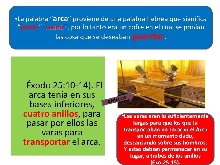  • La palabra “arca” proviene de una palabra hebrea que significa “juntar”, reunir”,