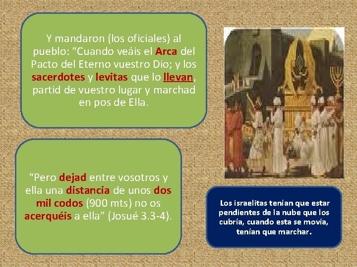 Y mandaron (los oficiales) al pueblo: “Cuando veáis el Arca del Pacto del Eterno