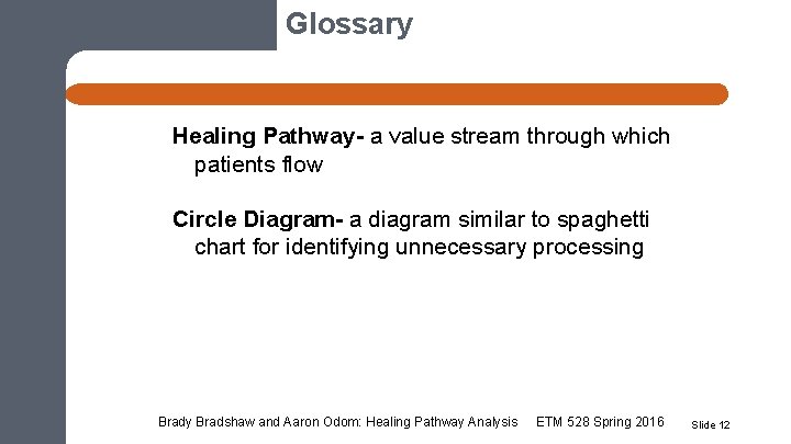Glossary Healing Pathway- a value stream through which patients flow Circle Diagram- a diagram