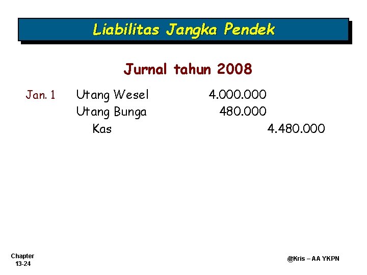 Liabilitas Jangka Pendek Jurnal tahun 2008 Jan. 1 Chapter 13 -24 Utang Wesel Utang