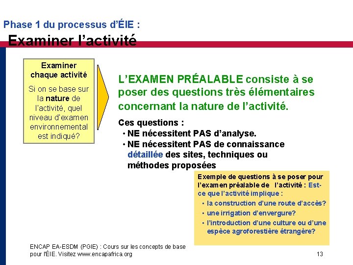 Phase 1 du processus d’ÉIE : Examiner l’activité Examiner chaque activité Si on se