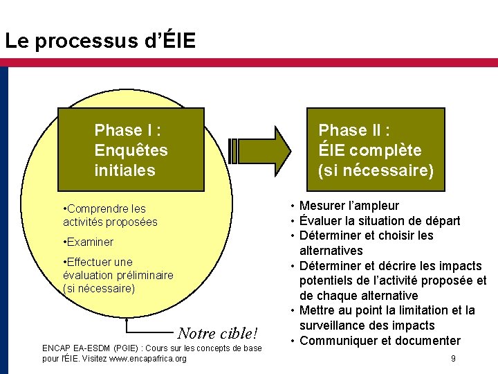 Le processus d’ÉIE Phase I : Enquêtes initiales Phase II : ÉIE complète (si