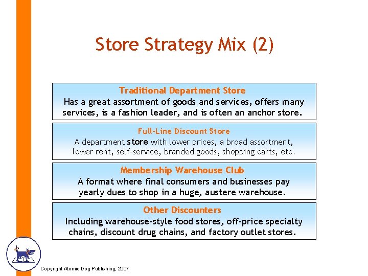 Store Strategy Mix (2) Traditional Department Store Has a great assortment of goods and