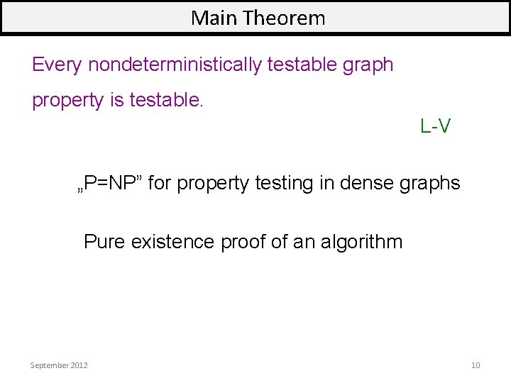 Main Theorem Every nondeterministically testable graph property is testable. L-V „P=NP” for property testing