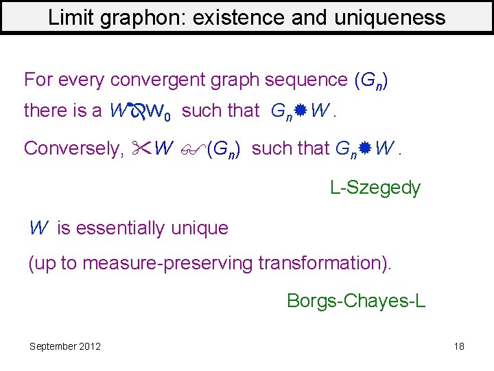 Limit graphon: existence and uniqueness For every convergent graph sequence (Gn) there is a