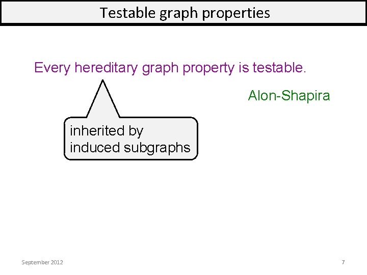 Testable graph properties Every hereditary graph property is testable. Alon-Shapira inherited by induced subgraphs