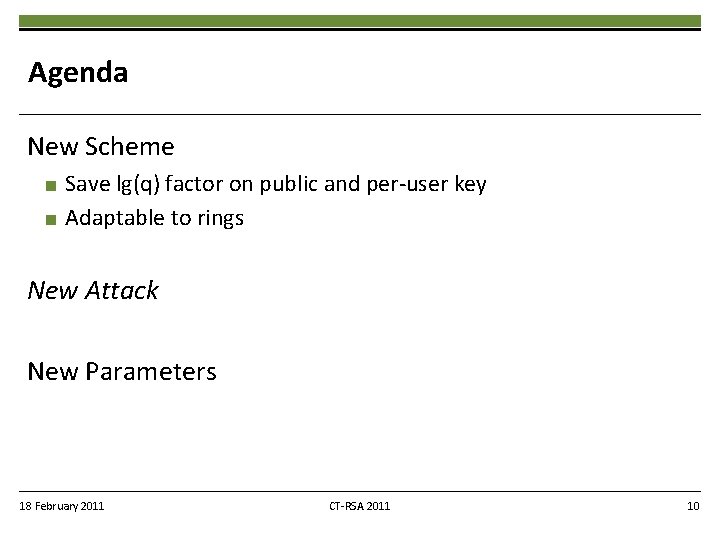 Agenda New Scheme ■ ■ Save lg(q) factor on public and per-user key Adaptable