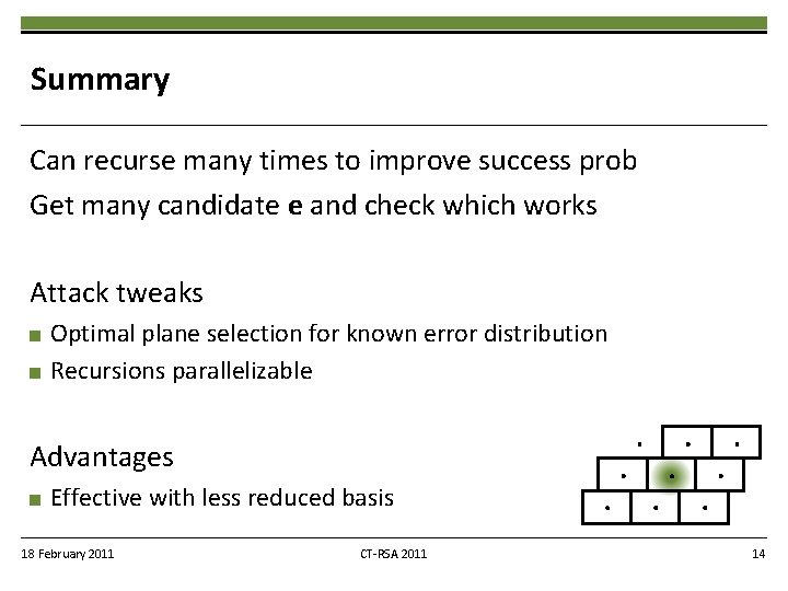 Summary Can recurse many times to improve success prob Get many candidate e and